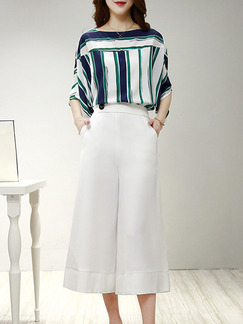 Green Blue and White Two Piece Shirt Pants Wide Leg Plus Size Jumpsuit for Casual Evening Party