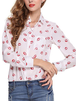 White and Red Blouse Plus Size Long Sleeve Top for Casual Office Evening