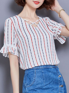 White and Red Blue Stripe Blouse V Neck Plus Size Top for Casual Office Evening