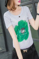 White and Green T-Shirt Floral Top for Casual Party