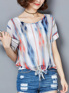 White and Blue Colorful Blouse Plus Size Top for Casual Beach