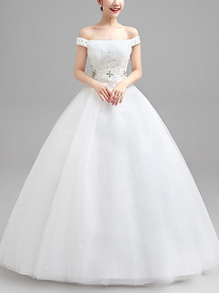 White Off Shoulder Ball Gown Beading Plus Size Dress for Wedding