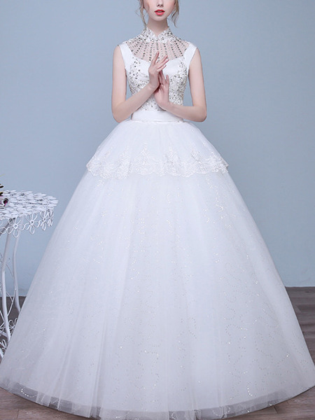 White Halter Illusion Ball Gown Beading Plus Size Dress for Wedding