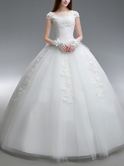 White Bateau Ball Gown Plus Size Appliques Dress for Wedding