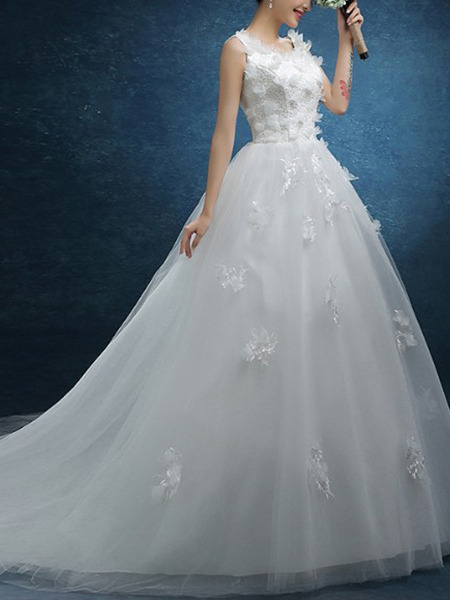 White Scoop Appliques Princess Plus Size Dress for Wedding