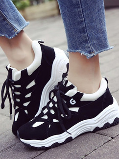 Black and White Leather Round  Toe Platform Lace Up Rubber Shoes