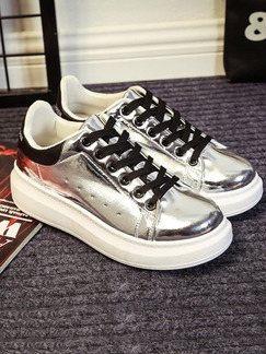 Silver and White Patent Leather Round Toe Platform Lace Up Rubber Shoes