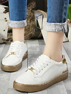 White and Gold Leather Round Toe Lace Up Rubber Shoes