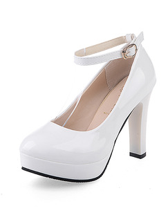 White Leather Round Toe Platform Pumps High Heel Ankle Strap 11cm Heels
