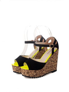 Black Yellow and Brown Suede Peep Toe Platform Ankle Strap 12cm Wedges Sandals