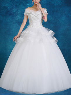 White Off Shoulder Ball Gown Tierd Beading Embroidery Dress for Wedding