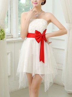 White and Red Knee Length Strapless Dress for Bridesmaid Prom Ball Wedding