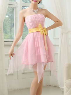 Pink and Yellow Knee Length Strapless Dress for Bridesmaid Prom Ball Wedding