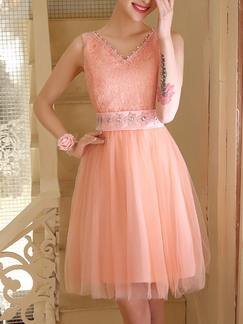 Pink V Neck Knee Length Fit & Flare Dress for Prom Bridesmaid