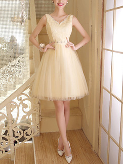 Cream V Neck Fit & Flare Above Knee Dress for Prom Bridesmaid