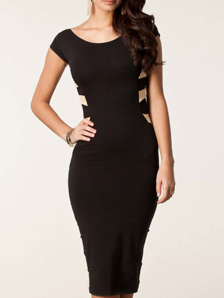 Black and Yellow Backless Short Sleeves Dress