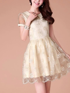 Beige Floral Shirt Lace Plus Size Above Knee Dress for Prom Bridesmaid