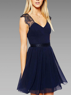 Blue Lace Fit & Flare Above Knee V Neck Backless Dress for Cocktail Party Evening