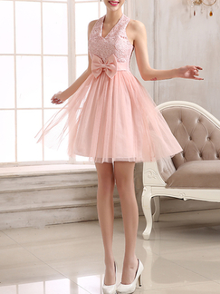 Pink Chiffon Lace Short Dress for Prom Bridesmaid