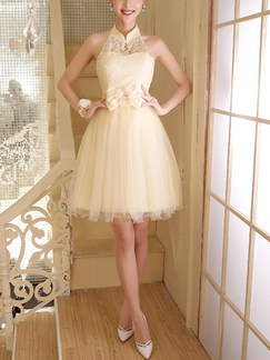 Cream Lace Halter Above Knee Fit & Flare Dress for Prom Bridesmaid