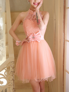 Pink Lace Halter Above Knee Fit & Flare Dress for Prom Bridesmaid