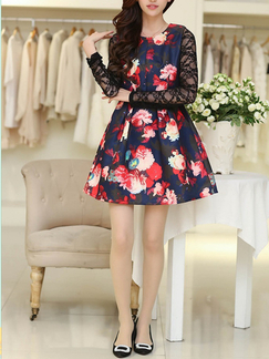Red Black and Pink Lace Long Sleeve Fit & Flare Floral Above Knee Dress for Cocktail Party Evening