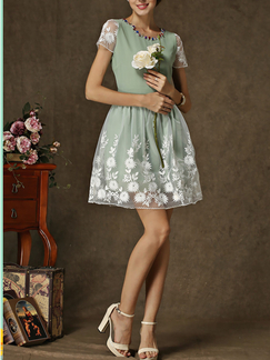 Green Lace Chiffon Short Sleeves Short Dress for Cocktail Party Casual Evening