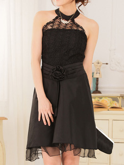 Black Lace Halter Above Knee Fit & Flare Dress for Cocktail Party Evening