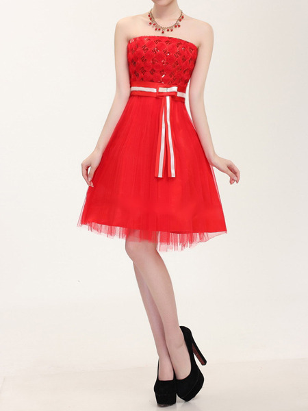 Red Sequin Lace Strapless Short Dress