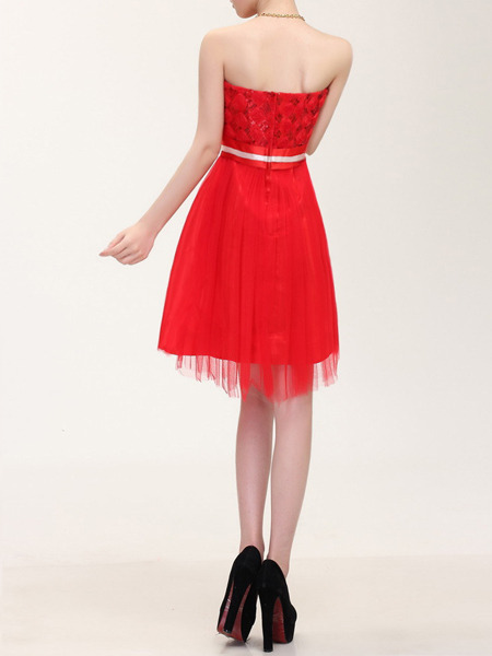 Red Sequin Lace Strapless Short Dress