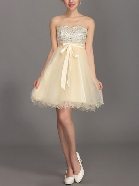 Champagne Sequin Mesh Strapless Short Dress