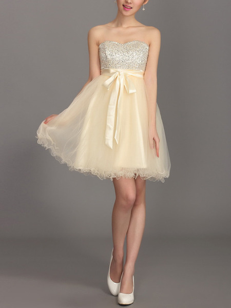 Champagne Sequin Mesh Strapless Short Dress