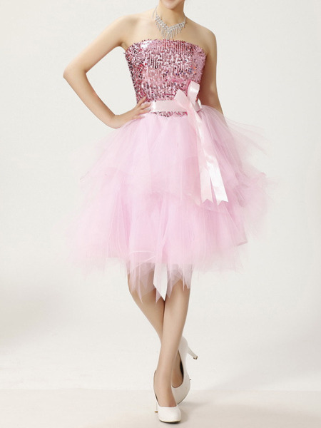 Pink Sequin Strapless Short Dress