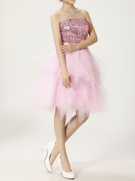 Pink Sequin Strapless Short Dress