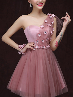 Pink Chiffon Floral Short Dress for Cocktail Party Bridesmaid Prom