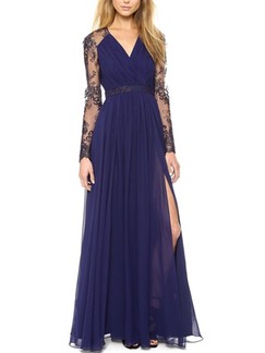 Blue V Neck Plus Size Maxi Long Sleeve Lace Dress for Prom Cocktail Evening