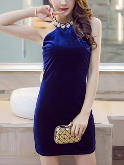 Blue Bodycon Halter Above Knee Dress for Cocktail Party Evening