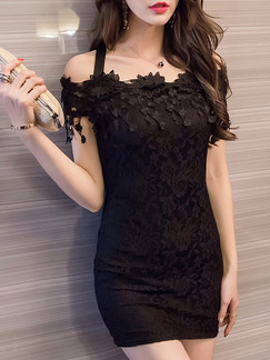 Black Off Shoulder Slip Lace Bodycon Above Knee Dress for Cocktail Evening Party