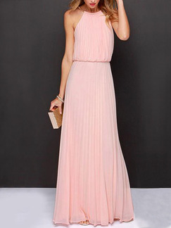 Pink Chiffon A-Line Loose Off-Shoulder Adjustable Waist Plus Size  Halter Maxi Cute Dress for Cocktail Prom