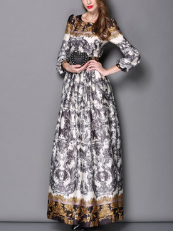 Grey and Yellow Colorful Maxi Long Sleeve Plus Size Dress for Cocktail Prom Evening