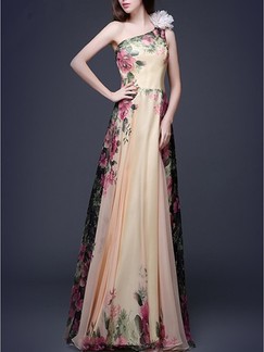 Yellow Colorful One Shoulder Maxi Plus Size Floral Dress for Cocktail Prom
