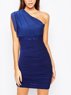 Blue One Shoulder Above Knee Bodycon Dress for Cocktail Evening Party