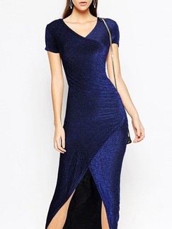 Blue Maxi V Neck Dress for Cocktail Prom