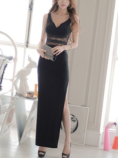 Black Slip V Neck Maxi Bodycon Dress for Cocktail Prom