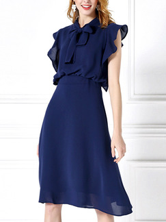 Blue Knee Length Slim Butterfly Knot Ruffled Chiffon Plus Size Dress for Casual Office Evening Party