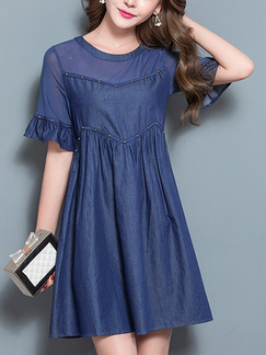 Blue Above Knee Linking Rhinestone Loose A-Line Denim Chiffon Plus Size Dress for Casual Office Evening Party