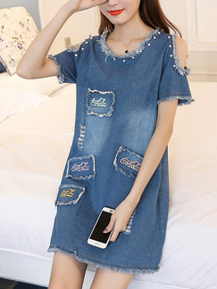 Blue Above Knee Off-Shoulder Bead Embroidery Denim Plus Size Dress for Casual