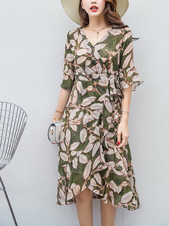 Green and Beige Knee Length Printed Drawstring V Neck Chiffon Plus Size Dress for Casual Office Evening Party