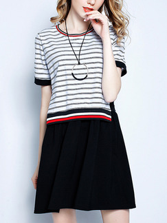 Black White and Red Above Knee Seem-Two Linking Stripe Knitted Plus Size Dress for Casual Office
