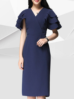 Blue Knee Length Slim V Neck Ruffled Plus Size Dress for Office Evening Party